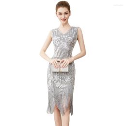 Casual Dresses 1920s Flapper Vintage Dress With 20s Beaded Art Deco V-Neck Great Gatsby Party Evening Sequins Fringed Skirt Charleston