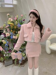 Work Dresses Girls' Pink Suit Lamb Hair Thickened Coat Women's Winter 2023 High Quality Short Cardigan Top Mini Skirt Two-piece Set