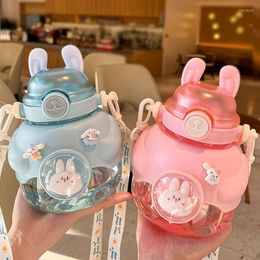 Water Bottles Kawaii Bear Bottle For Girl With Straw Strap BPA Free Cute Pink Drinking Scool Children Boy