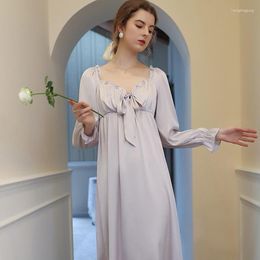 Women's Sleepwear V-Neck Satin Long Nightgown Ladies Sexy Nightdress Spring Autumn Lantern Sleeve Homewear Retro Pyjamas Bow Sweet