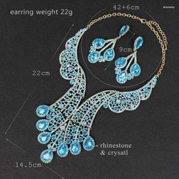 Necklace Earrings Set Gorgeous Bridal For Women Gold Colour Big Blue Crystal Statement Wedding Party Costume