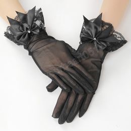 Bride Dress Gloves Mesh Bow Short Lace Gloves Wedding Accessories Full Finger Sexy Black White Evening Party Prom Gloves