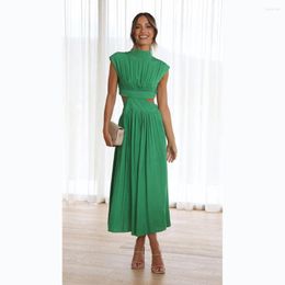 Casual Dresses Summer 2023 Back Zipper Sleeveless Stand Collar Waist Cut Out Asymmetrical Maxi Dress Green Black Blue Red Party Clothes