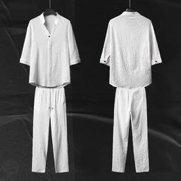 Men's Polos 2 Pieces Linen Set Summer Outfits Ice Silk Two Piece Suit Thin Short Sleeve T Shirt Plus Size Trousers 230630