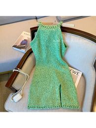 Basic Casual Dresses 2023 Spring Women Green Wave Knitted Sleeveless Vest Dress Summer Fashion Elegant Slim Fit Party Female Clothing 230629