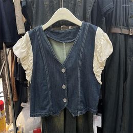 Women's Blouses Summer French Retro Bubble Short Sleeve Blouse Women V-Neck Panel Denim Shirt Ladies Unique Versatile Loose Top Clothing