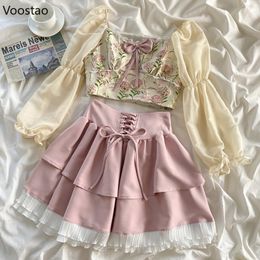 Two Piece Dress Sweet Lolita Skirt Set Women Elegant France Bow Square Collar Puff Sleeve Blouse Crop Tops Pink Ruffles Mini Skirt Female Suit 230629