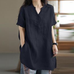 Women's Blouses Women Summer Top Short Sleeves V Neck Mid Length Lady Shirt Solid Colour Pullover Casual Loose