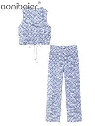 Women's Tracksuits Aonibeier Y2K Blue Printed Women Long Pants Suits Traf 2023 Summer With Bow Tied Sleeveless Tanks Crop Top Female 2 Piece Sets 230630