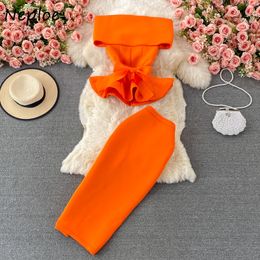 Two Piece Dress Neploe Slash Neck Sleevess Ruffled Cropped Top High Waist Slim Pencil Skirt Women Solid Colour Two-piece Suits Female 230629