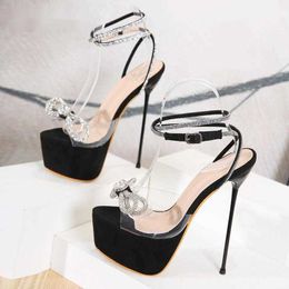 Sandals New Design Pvc Transparent Platform Women 2023 Summer Sweet Butterfly-knot Crystal Buckle Strap High Heels Shoes 230511