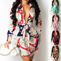 Casual Dresses Vintage Women Party Shirt Floral Print Long Sleeve Female Mini Robe 2023 Spring Summer Sexy Deep V-Neck Dress Clothing