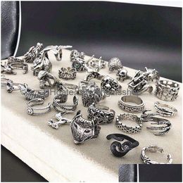 Band Rings 20Pcs/Lot Vintage Punk Antique Sier Colour Metal Skl Snake For Men Women Mix Style Party Gifts Adjustable Opening Jewellery Otmlq