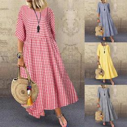 Casual Dresses Women Half Sleeve Bohemian Cheque Maxi Dress Women's Sundress Tunic Vestidos Female Plaid Shirt Robe