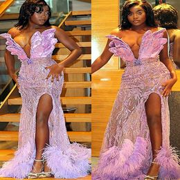 2023 Aso Ebi Lilac Mermaid Prom Dress Beaded Feather Evening Formal Party Second Reception Birthday Bridesmaid Engagement Gowns Dresses Robe De Soiree ZJ680