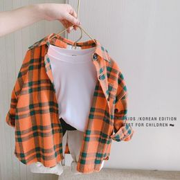Barnskjortor Spring 100% Cotton Casual Plaid Blus Summer Striped Shirt Korean Baby Long Sleeve Tops Boys Shirts School Girls Bluses 230628