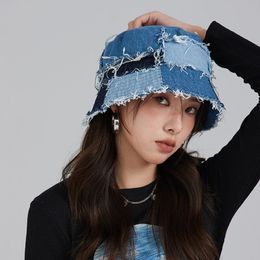 2023 Japanese Women Niche Denim Bucket Hat New Versatile Splicing Contrasting Colour Fisherman Hats Men's Trendy Edging Basin Cap