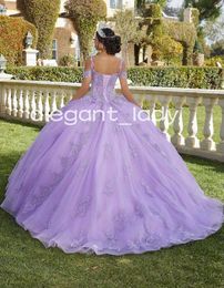 Cold Shoulder Lilac Lavender Quinceanera Dresses Crystal Applique Lace-up Corset Prom Sweet 15 vestidos de quinceanera lila