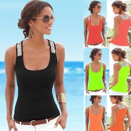 Women's Tanks Summer Slim Render Short Top Sexy Women Sleeveless Square Neck Crop Tank Tops Solid Red/Black Vest 4 Colours