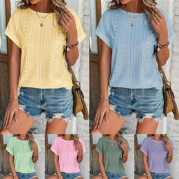 Women's T Shirts Womens Summer Linen Cotton Tunic Blouse Ladies Short Sleeve Tee Tops T-Shirts Hollow Out Solid Round Neck