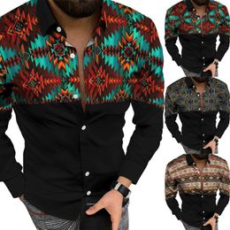 Men's T Shirts Breathable Short Mens 3D Digital Printing Pocket Buckle Lapel Long Sleeve Shirt Silk Tunic Men