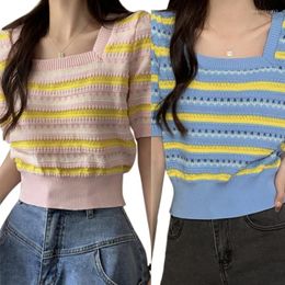 Women's T Shirts Casual Wearing Cloth Pullover Knitted Strapes V-neck Dressys Tops