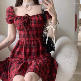 Casual Dresses Mini Woman Plaid Streetwear Sweet Ladies Puff-sleeve Fashion Korean Style Cute Simple Ins Retro All-match Summer