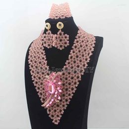 Necklace Earrings Set Chunky Statement Bib Peach Pink Bridal Women Jewellery African For Wedding HD8205