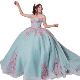 Новое прибытие зеленые платья Quinceanera Розовые 3D цветочные аппликации сладкие 15 платье