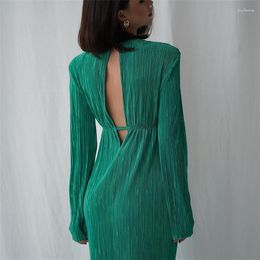 Casual Dresses 2023 Spring Long Skirt Round Neck High Waist Sexy Temperament Dress Backless Sleeve Pleated Slim Women