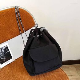 Wallets Black Design Fashion Backpack For Women 2023 Spring And Summer Casual Travel Drawstring Chain Bucket Bags Girls Nylon Back Packs