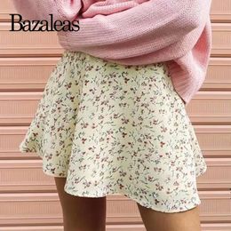 Dresses Bazaleas Vintage Light Yellow Floral Print Chiffon Short Skirt Summer Women Pleated Skirt Haruku Mini Skirt Elegant Bottoms