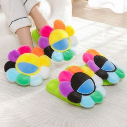 Fuzzy Slippers Women Comfortable Indoor Rainbow Plush Flat Shoes Cute Warm Cotton Slipper