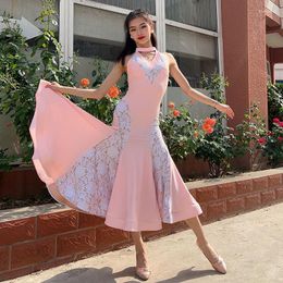 Stage Wear Ballroom Dance Dress Women Competition Clothing White Lace Pink Long Waltz Costume Prom Performance Dancewear L10917