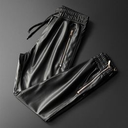 Thoshine Brand Men Leather Pants Superior Quality Elastic Waist Jogger Pants Zipper Pockets Faux Leather Trousers Pencil Pants 201313d