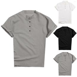 Men's T Shirts Mens Loose Casual Comfortable Solid Colour Stand Collar Button Up Short Sleeved Breathable Vintage Ethnic