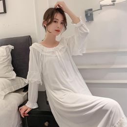 Women's Sleepwear Nightdress Spring Summer Long Sleeve Pure Color Princess Style Sweet Court Yarn Mesh Lace Sexy Nightgown Home Clothes