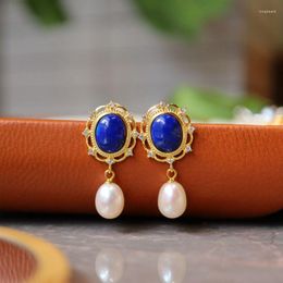 Stud Earrings Vintage 925 Sterling Silver Lapis Lazuli Earring Moonstone Pink Conch Pearl Drop For Women Wedding Jewelry