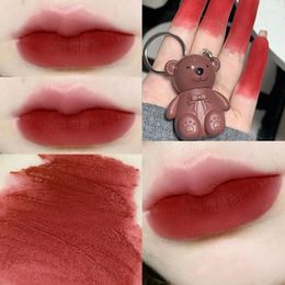 Lip Gloss 6 Colors Cute Bear Matte Mud Velvet Grey Keychain Liquid Lipstick Waterproof Lasting Glaze Cosmetics Portable