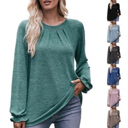 Women's T Shirts Casual Round Neck Pleated Brushed Shirt Long Sleeved Top Silk Button Down Woman Active Ski Base Layer Women