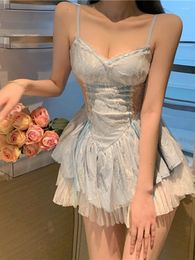 Casual Dresses Blue Kawaii Lolita Party Mini Dress Woman Backless Korean Sweet Strap Female Lace-up France Vintage Summer 2023