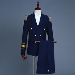 ship mens badge captain uniform cosplay stage performance suit jacket with pants navy white294G