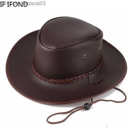 Wide Brim Hats High Quality Men Western Cowboy Hat Faux Leather Gentleman Jazz Vintage Cap Autumn Winter Sombrero Hombre Caps 220817 Z230630