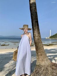 Casual Dresses For Women 2023 Summer Blue Halter Pleated Long Dress Loose Backless Sexy Club Robe Femme Simplicity Trend