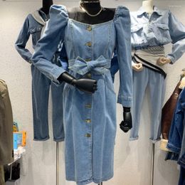 Casual Dresses Retro Feminine Design Belt Denim Dress High-waisted Bubble Sleeve Slim Long-sleeved Single Breasted Buckle Women