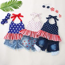 16196 Baby Girls Outfits Set Star Ruffles Slip Halter Tops with Denim Shorts Kids Children 2pcs Clothing Suit