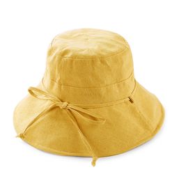 Women Summer Solid Bucket Hat Wide Brim Foldable Cotton Outdoor Sun Protective Cap