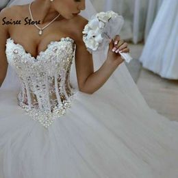 Urban Sexy Dresses Elegant Fluffy Wedding Sweetheart Pearls Dress Corset Top Tulle Bride Boho Ball Gelinlik 230630