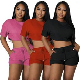 Women's Tracksuits FE268 Fashion Solid Colour For Womens Short Sleeve Round Neck Crop Top And Casual Shorts 2 Piece Sets