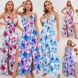 Women's Swimwear Women Summer Halter Neck Open Back Sleeveless Split Loose Maxi Dress Sexy Deep V-Neck Tie Printed Party Club Long Dresses